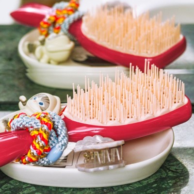 Petite brosse démêlante Agamy au manche framboise et picots rose poudré, posée sur une coupelle