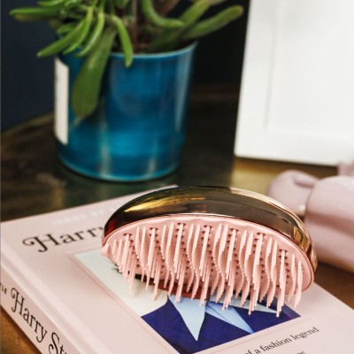Brosse compacte AGAMY rose gold posée sur un livre de mode avec une plante verte en arrière-plan, ambiance cosy et féminine